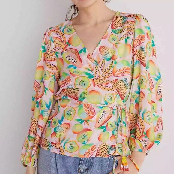 Farm Rio Rainforest Long Sleeves Blouse Fruits Print Wrap V-Neck Yellow Size XS - Picture 16 of 16